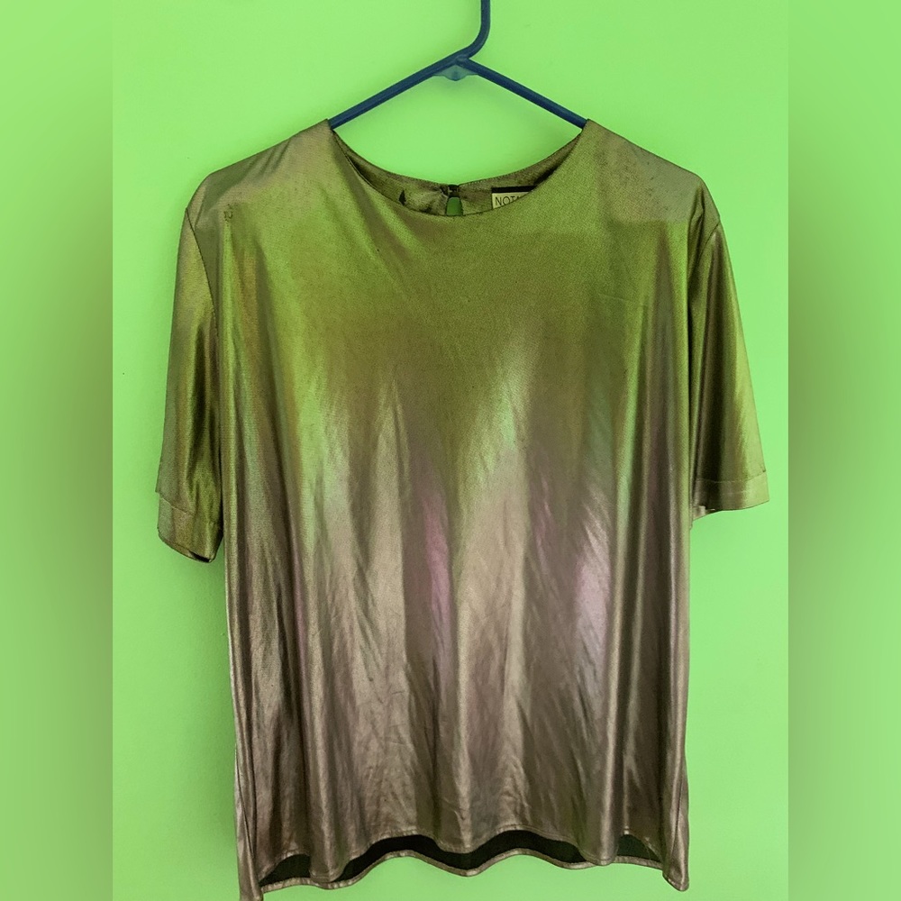 Short sleeve  gold metallic blouse with back button closure